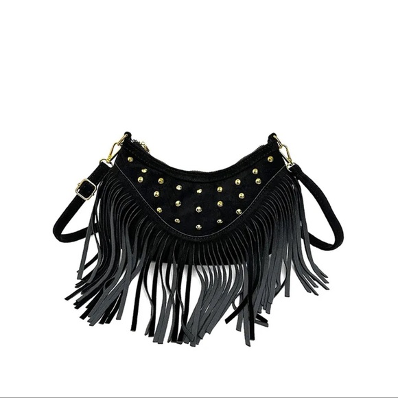 Boho Black Suede Fringe Shoulder Crossbody Bag - Picture 6 of 8